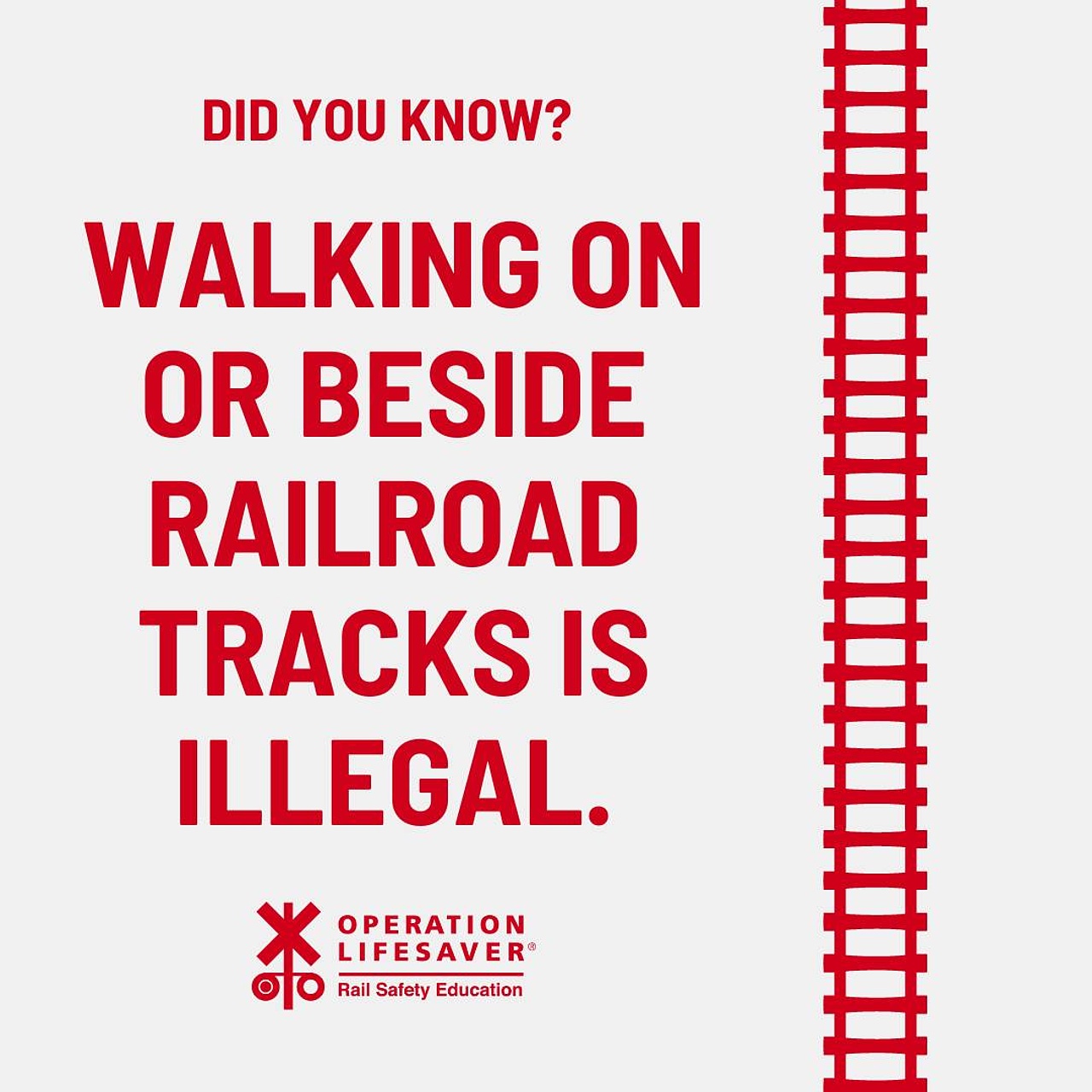 Foto: Did you know? Walking on or beside railroad tracks is illegal. Czy wiesz, że...? Chodzenie po torach kolejowych lub obok nich jest nielegalne 
