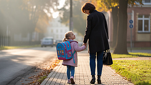 Kobieta z dziewczynką z plecakiem na chodniku