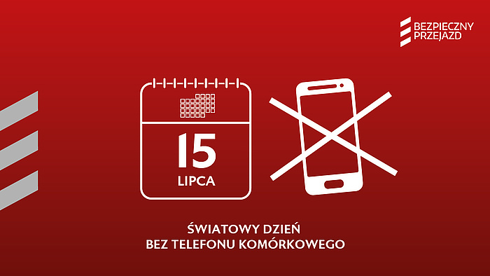Grafika: czerwone tło, ikona kalendarza i przekreślonego telefonu.  Napis -Światowy dzień bez telefonu komórkowego.
