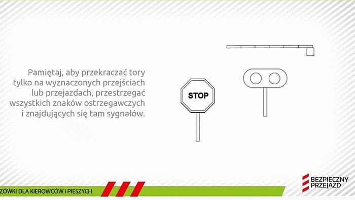 Grafika: Pamiętaj, aby przekraczać tory tylko na wyznaczonych przejściach lub przejazdach, przestrzegać wszysktich znaków ostrzegawczych i znajdujących się tam sygnałów