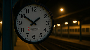 Zegar na peronie z logiem kampanii, w nocnej scenerii