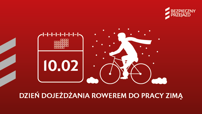 Ikona kalendarza oraz człowieka na rowerze, podpis: dzień dojeżdżania rowerem do pracy zimą.