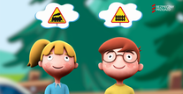 screen z animacji - dzieci brat i siostra nad nimi chmurki ze znakami dorgowymi. 