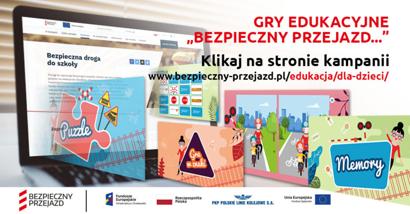 Grafika przedstawiająca gry edukacyjne "Bezpieczny Przejazd". Napis: Klikaj na stronie kampanii: https://bezpieczny-przejazd.pl/edukacja/dla-dzieci/