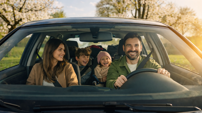 Rodzina z 2 dzieci w samochodzie.