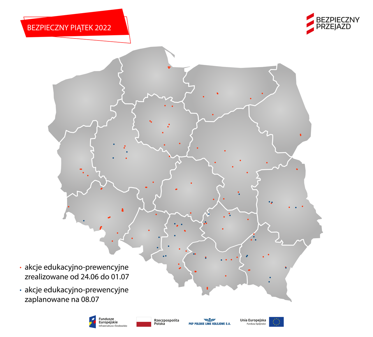 Mapa Polski z naniesionymi lokalizacjami akcji ulotkowych.