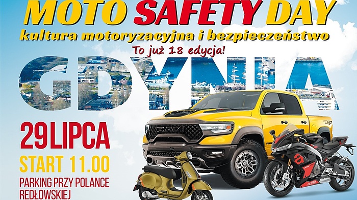 Grafika Moto Safety Day, Suv, motor i skuter oraz napisy: Gdynia, 29 lipca, g. 11 park przy Polance Redłowskiej