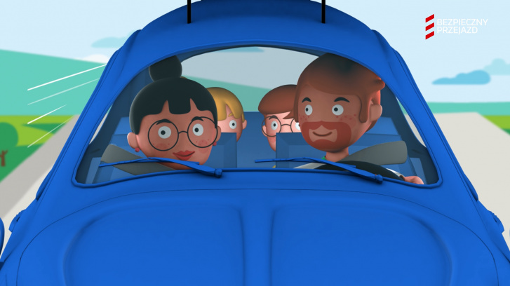 Rysunkowa rodzina w niebieskim samochodzie.