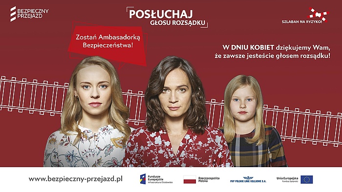 Plakat a na nim dwie dorosłe kobiety oraz dziewczynka. Napis na plakacie W dniu Kobiet dziękujemy Wam, że zawsze jesteście głosem rozsądku!