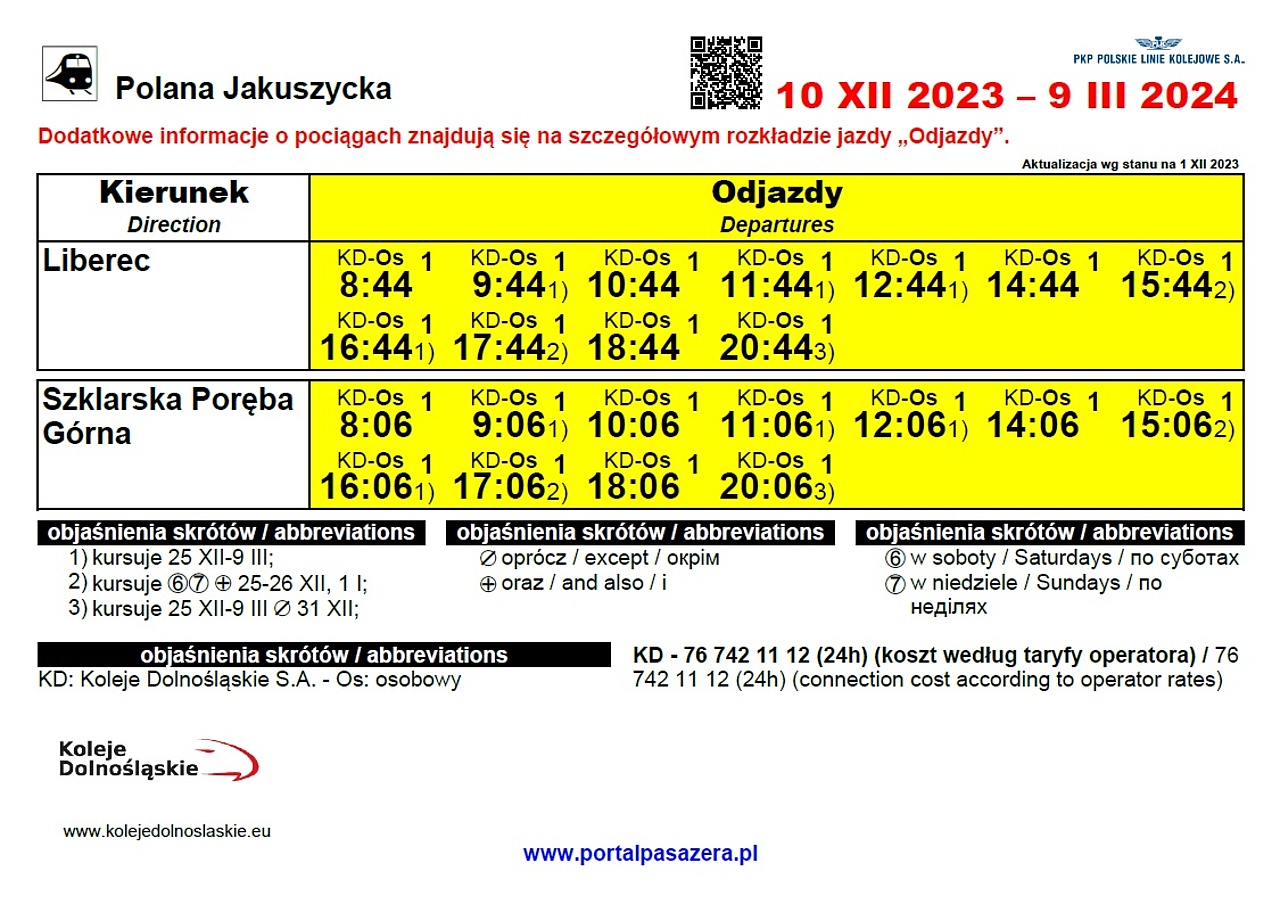 Relacyjny rozkład jazdy pociągów stacji Polana Jakuszycka ważny od 10 grudnia 2023 r.