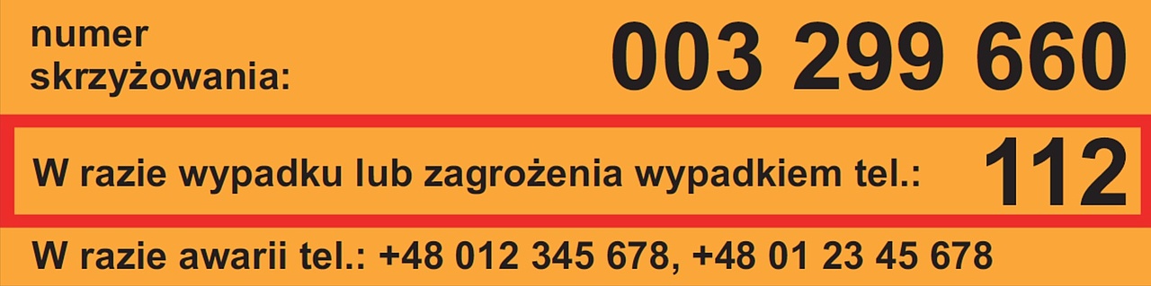 Przykładowa żółta naklejka, z nr skrzyżowania, nr 112 i nr na który można dzwonić podczas awarii.