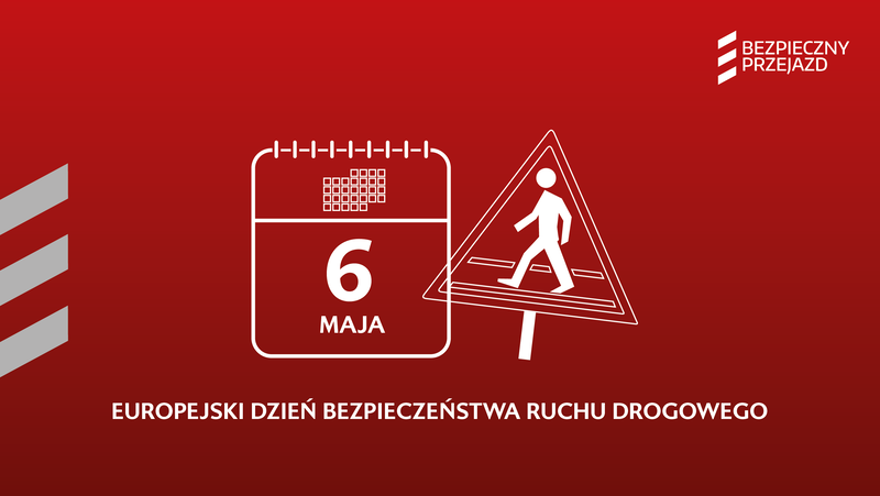 Grafika, ikona kartki z kalendarza i znaku drogowego, czerwone tło, podpis Europejski dzień bezpieczeństwa ruchu drogowego