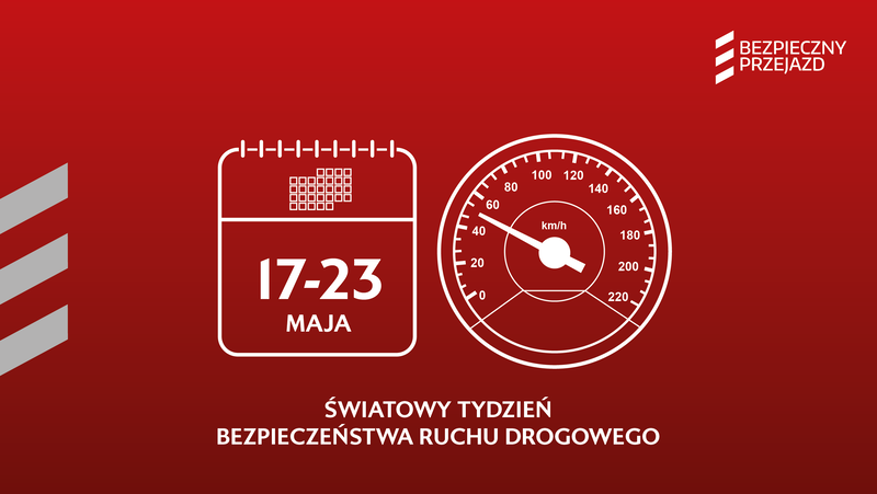 Grafika: Ikona kartki z kalendarza oraz prędkościomierza, podpis światowy tydzień bezpieczeństwa ruchu drogowego