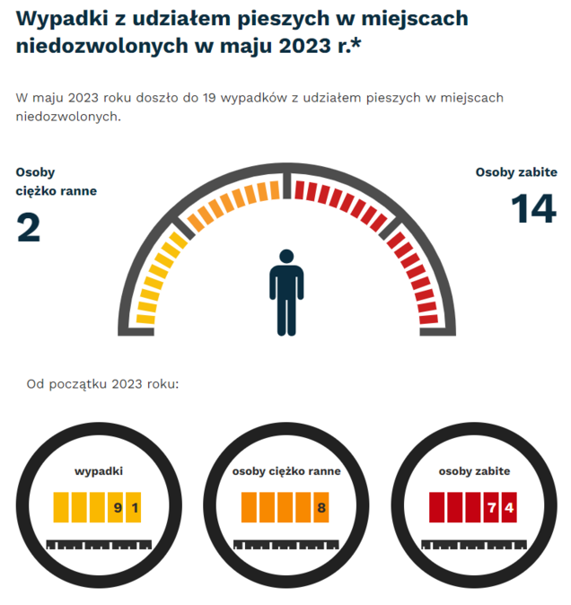 Grafika: w maju 2023 - 19 wypadków i kolizji z pieszymi w miejscach niezdozwolonych. Osoby ciężko ranne - 2, osoby zabite - 14. Od początku roku - wypadki- 91, osoby ciężko ranne - 8, osoby zabite - 74.