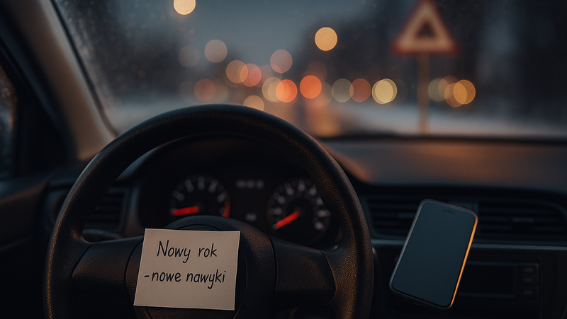 Kierownica w samochodzie z kartką Nowy Rok - nowe nawyki