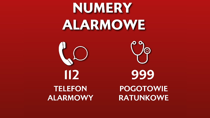 Grafika: wypisane numery alarmowe 112, 999, 22 474 00 00 oraz ikona do aplikacji mobilnej Alarm112. Całość na czerwonym tle, przy każdym z numerów/apce są symbole