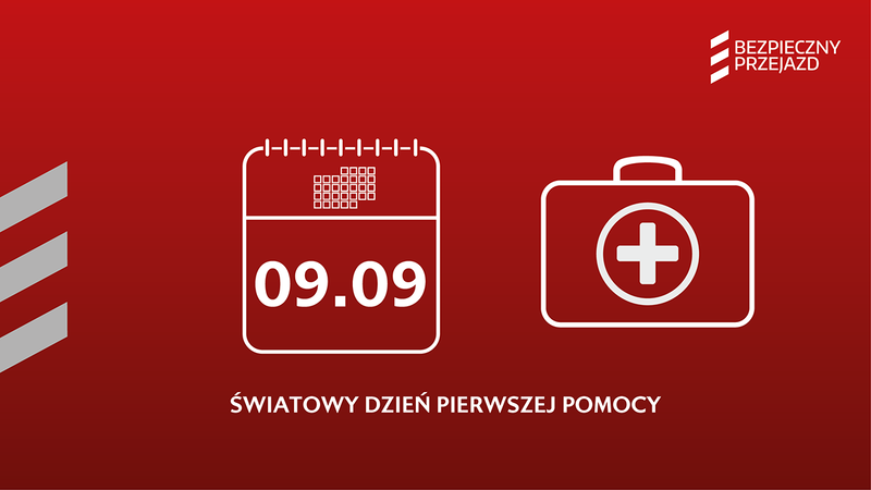 Grafika z ikonami kalendarza i apteczki, podpis - światowy dzień pierwszej pomocy.