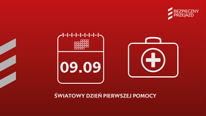 Grafika z ikonami kalendarza i apteczki, podpis - światowy dzień pierwszej pomocy.