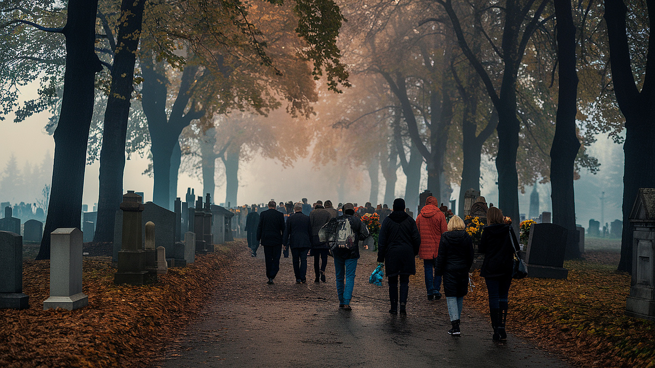 Ludzie podążający cmentarną aleją w jesiennej aurze