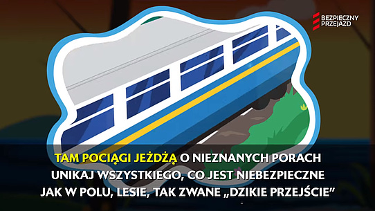 Screen z filmu, widoczny pociąg na torach. Na dole napisy do piosenki.