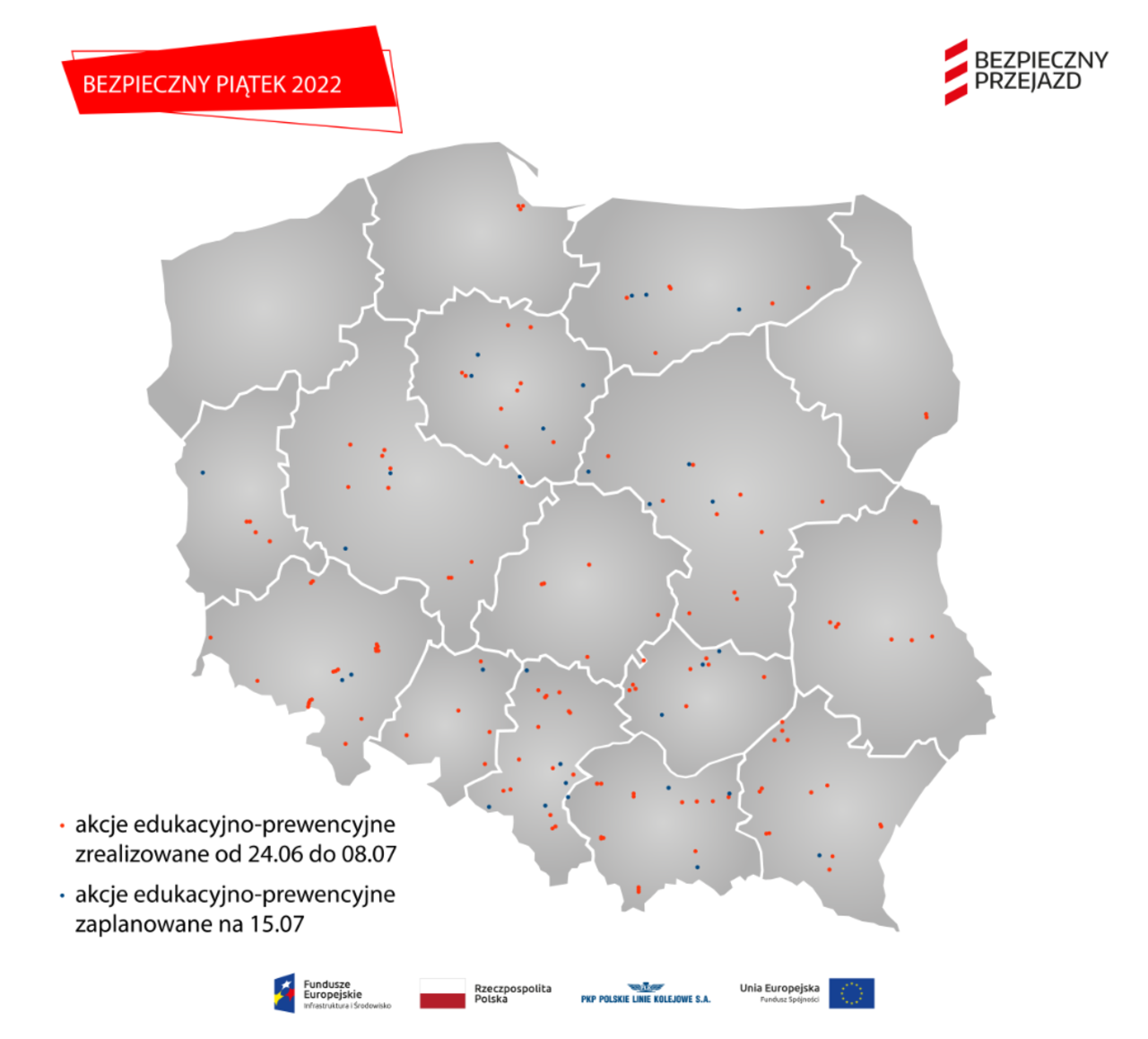 Mapa polski z lokalizacjami akcji Bezpieczny Piątek
