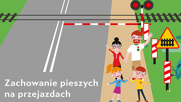 Rysunkowa rodzina Ambasadorów Bezpieczeństwa przed przejazdem kolejowym.