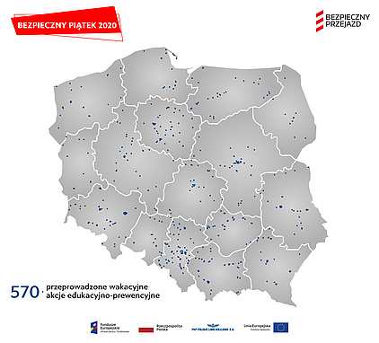 Mapa z naniesionymi miejscowościami w których odbywały się Bezpieczne Piątki