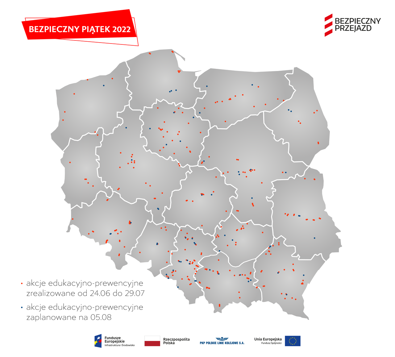 Mapa Polski z naniesionymi lokalizacjami akcji Bezpieczne Piątki