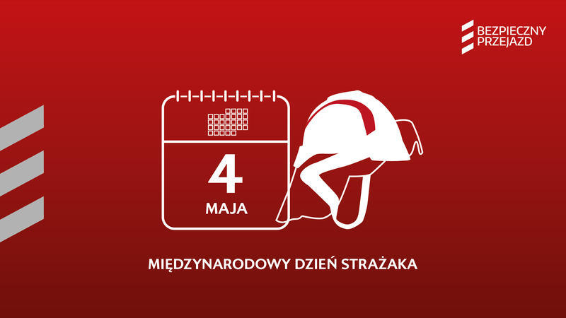 Grafika - czerwone tło z ikonami kartki z kalendarza i hełmem strażackim oraz podpisem Międzynarodowy dzień strażaka.