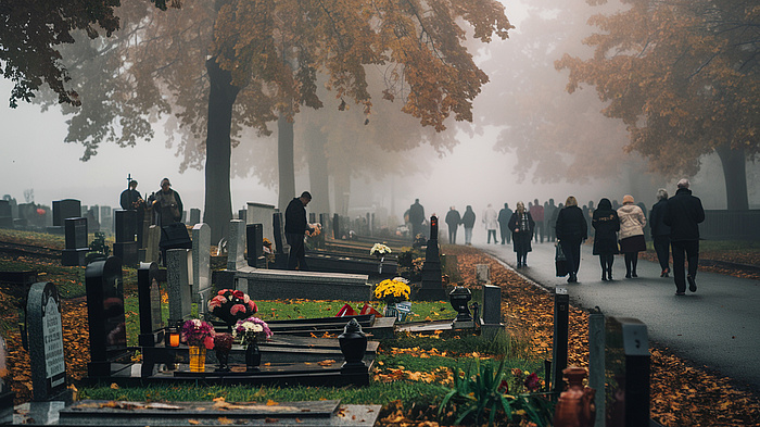 Cmentarz w jesiennej aurze, ludzie podążający alejką.