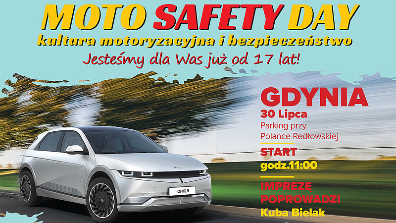 Plakat Moto Safety day - grafika samochodu na drodze - Gdynia 30 lipca