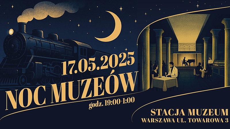 Grafika z datą 17 maja i napisem Noc muzeów godz. 19 - 1