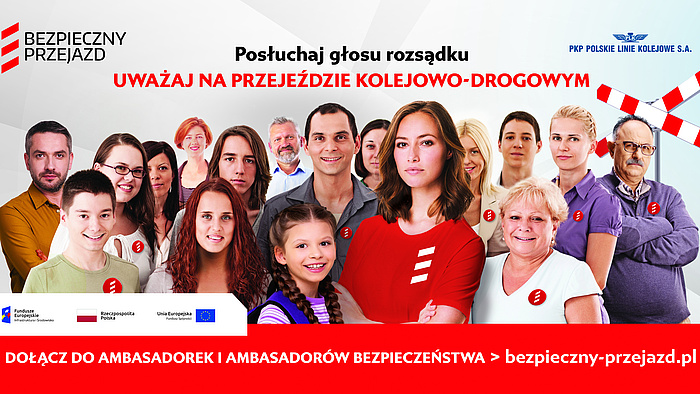 Grafika z grupą kilkunastu uśmiechniętych osób, kobietą ubraną w kampanijną koszulkę oraz oznaczeniami unijnymi, kampanii i logo PKP PLK.