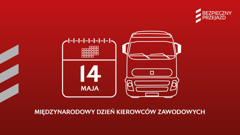 Grafika: ikona kalendarza oraz samochodu ciężarowego. Podpis Międzynarodowy dzień kierowców zawodowych.