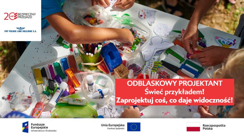 Zdjęcie stołu z przyborami plastycznymi, dłonie dzieci, logo BP oraz napis Odblaskowy projektant.