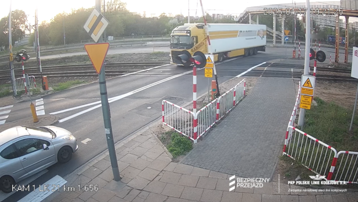 Tir na przejeździe, opadające rogatki i pulsujące sygnalizatory.