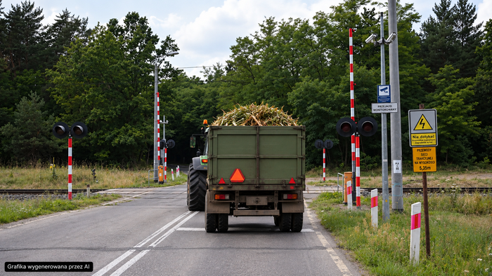 Traktor z przyczepą na przejeździe
