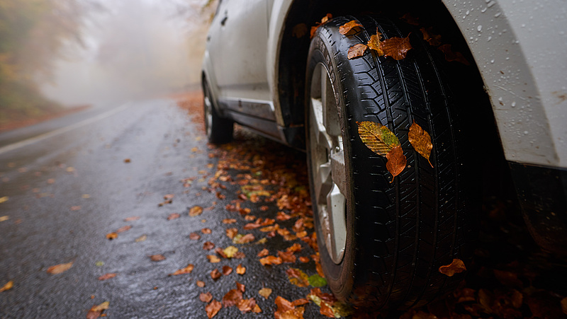 Zbliżenie na koło samochodu pokryte kilkoma liśćmi.