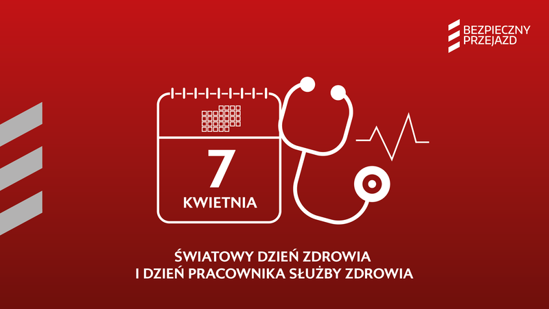 Grafika: Czerwone tło z rysunkiem kartki z kalendarza, obok ikona stetoskopu, podpis Światowy dzień zdrowia i dzień pracownika służby zdrowia.