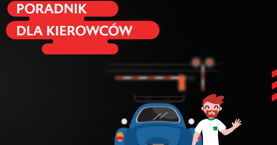 Wycinek ulotki Poradnik dla kierowców, w dole grafiki rysunkowa postać mężczyzny z samochodem na tle przejazdu.