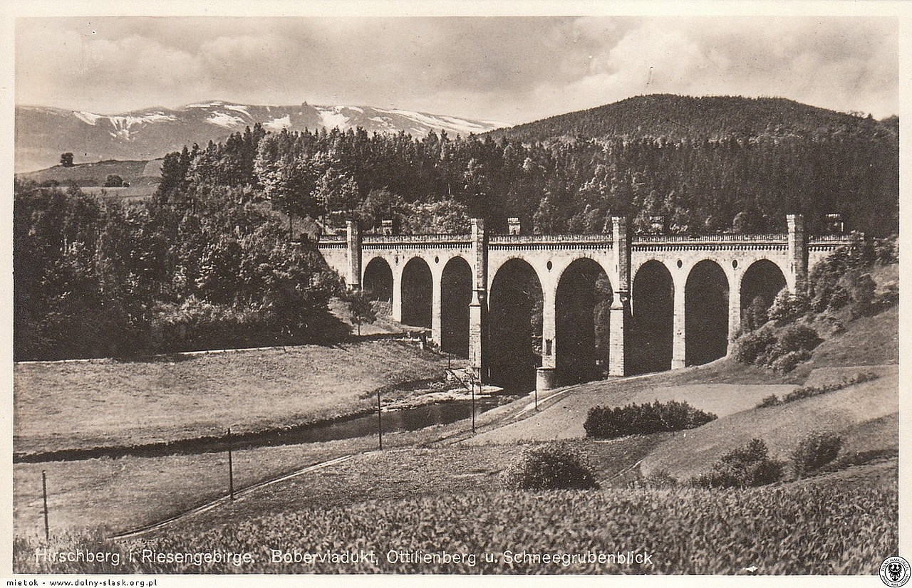 Most kolejowy nad Bobrem w Jeleniej Górze na pocztówce z datą obiegu - 1940 r.