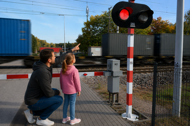 Mężczyzna z dziewczynką wskazuje na sygnalizator na przejeździe