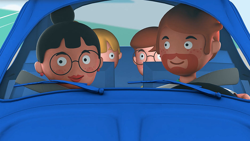 Screen za nimacji - rysunkowa rodzina w samochodzie.