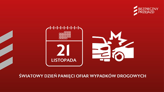 Grafika na czerwonym tle, ikona kartki z kalendarza i wypadku. Podpis - Światowy Dzień Pamięci Ofiar Wypadków Drogowych 