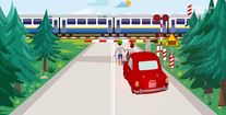 screen z animacji - samochód przed szlabanem, na przejeździe pociąg.
