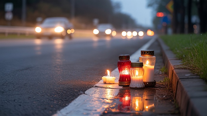 Zapalone znicze ustawione przy jezdni.