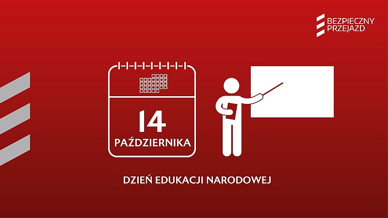 Grafika: ikona kalendarza i nauczyciela przy tablicy. Podpis dzień edukacji narodowej.