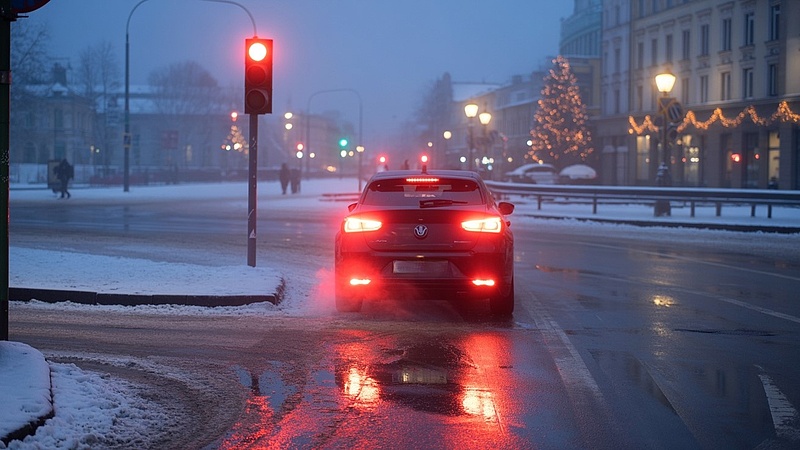 Samochód zatrzymany przed czerwonym światłem, w wieczorną porą