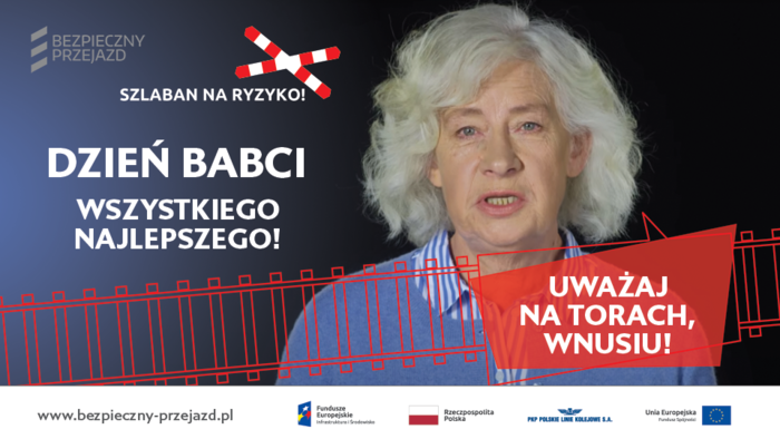 Grafika z tekstem: dzień Babci, wszystkiego najlepszego. W centrum postać starszej kobiety i podpis Uważaj na torach, wnusiu!