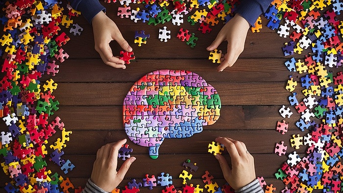 Kolorowe puzzle w kształcie mózgu.